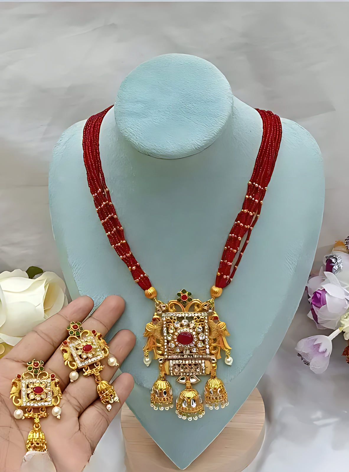 Elegant Red Pearl and Gold Kundan Necklace Set, Ornate Pendant, Traditional Indian Wedding Jewelry (Set of 2)