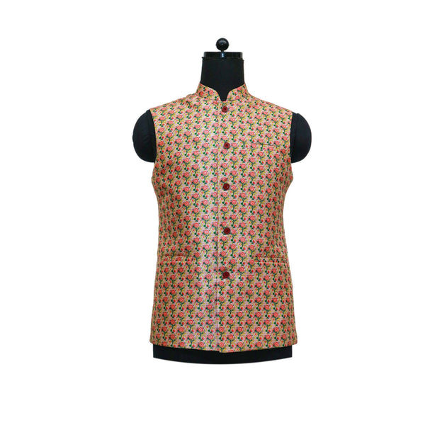 Gold Silk Nehru Jacket with Red & Green Floral Print | Sleeveless Waistcoat for Weddings & Traditional Events