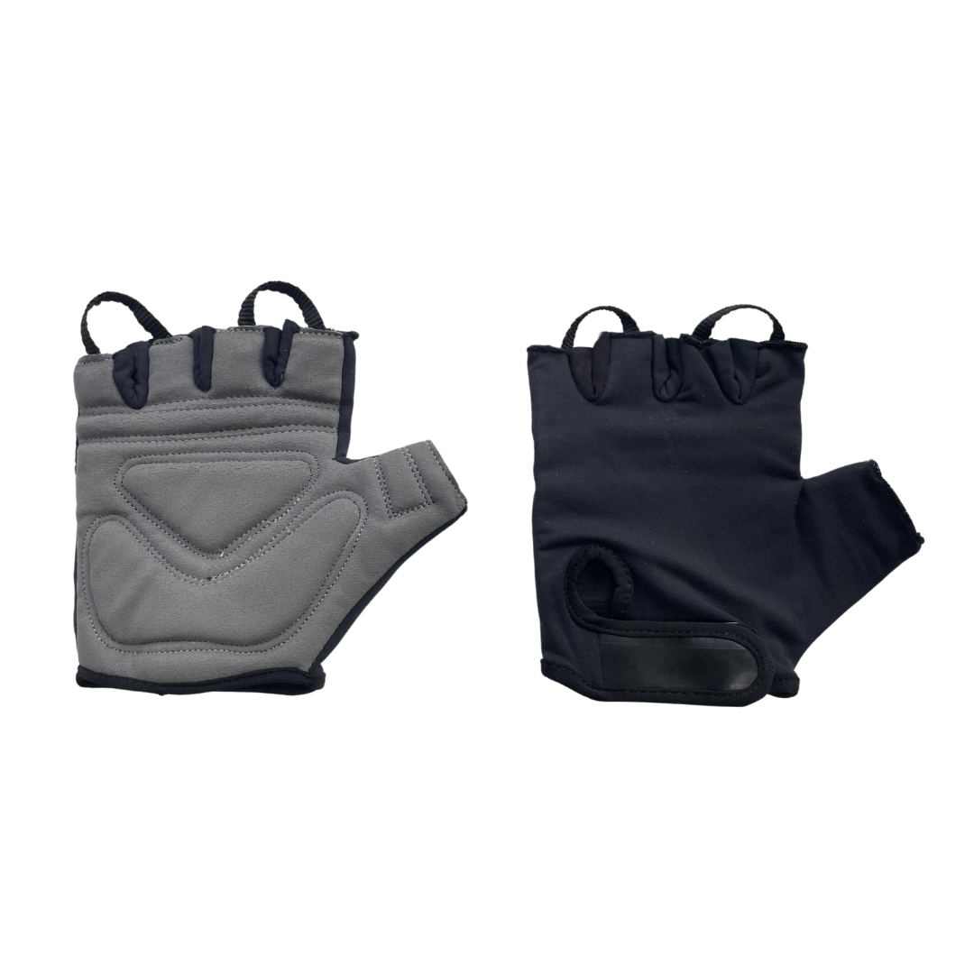 Pair of gray and black workout gloves with wrist support, designed for strain reduction and slippage prevention.