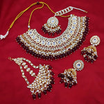 Luxurious Maroon Color Kundan Bridal Necklace Set, Maang Tikka and Earrings, Traditional Indian Wedding Jewelry (Set of 3)