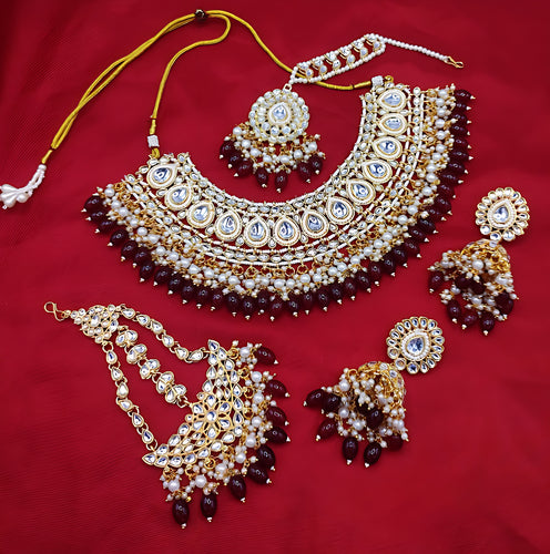 Luxurious Maroon Color Kundan Bridal Necklace Set, Maang Tikka and Earrings, Traditional Indian Wedding Jewelry (Set of 3)