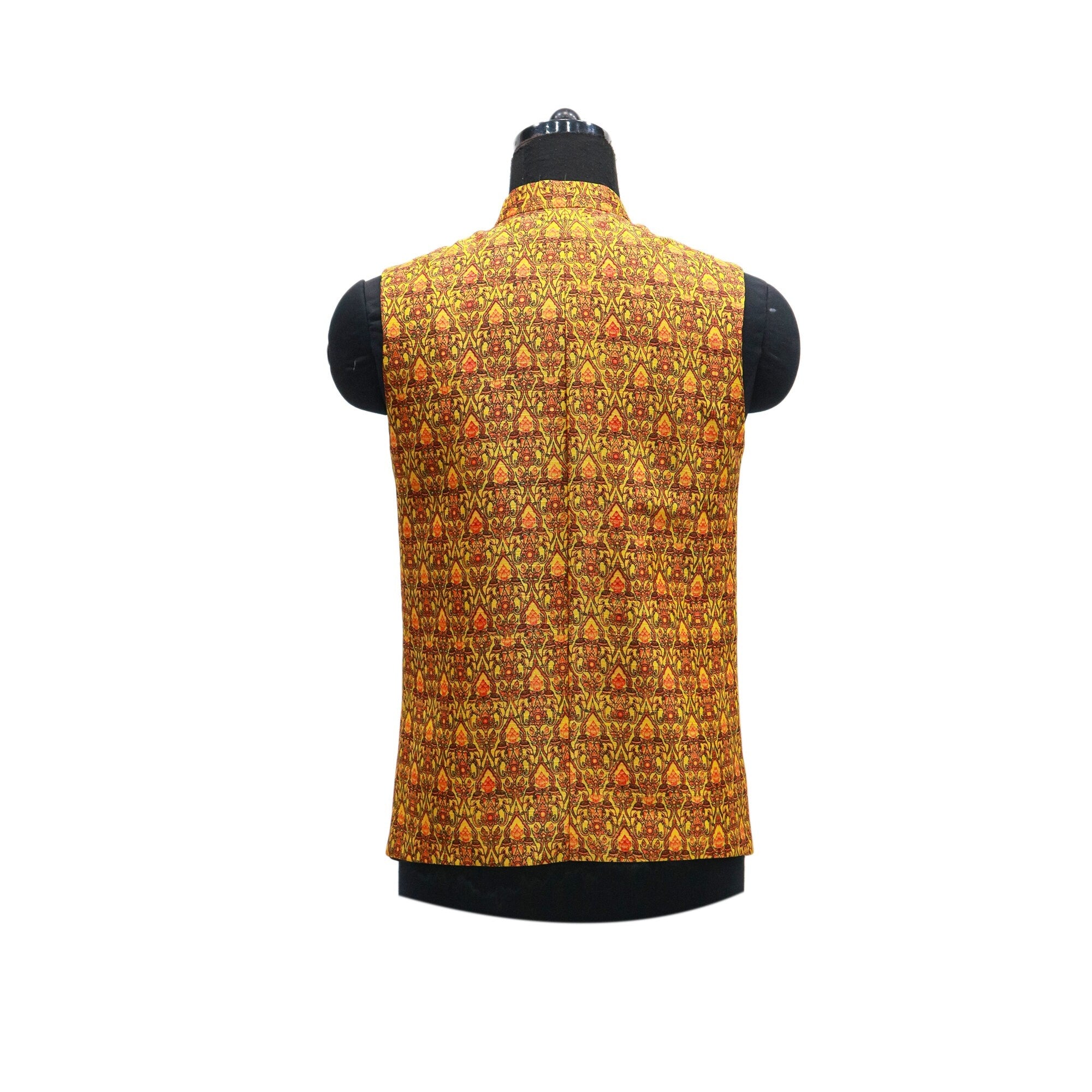 Handmade yellow floral Nehru jacket, back view. Perfect for parties or as a gift.