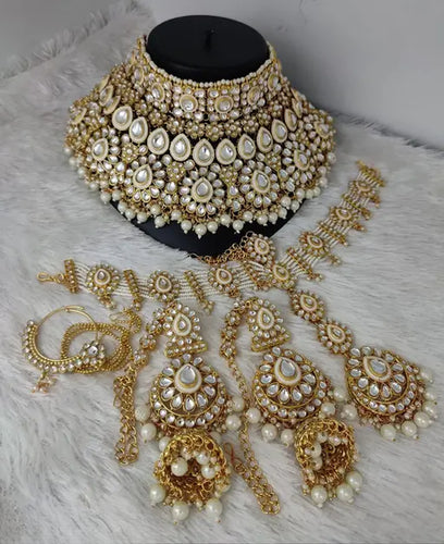 Opulent Kundan Bridal Jewelry Set, Pearl Embellishments, Traditional Indian Wedding Jewelry - Set of 2