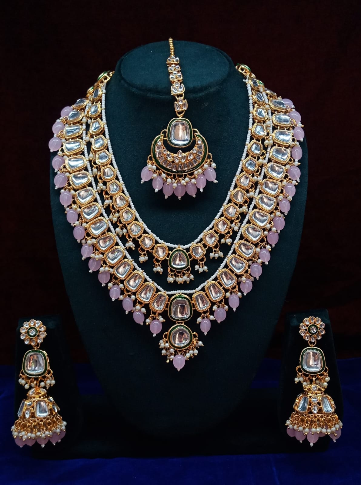 Opulent Kundan Bridal Jewelry, Double-Layer Necklace, Maang Tikka, and Jhumka Earrings, Traditional Indian Wedding Jewelry (Set of 2)