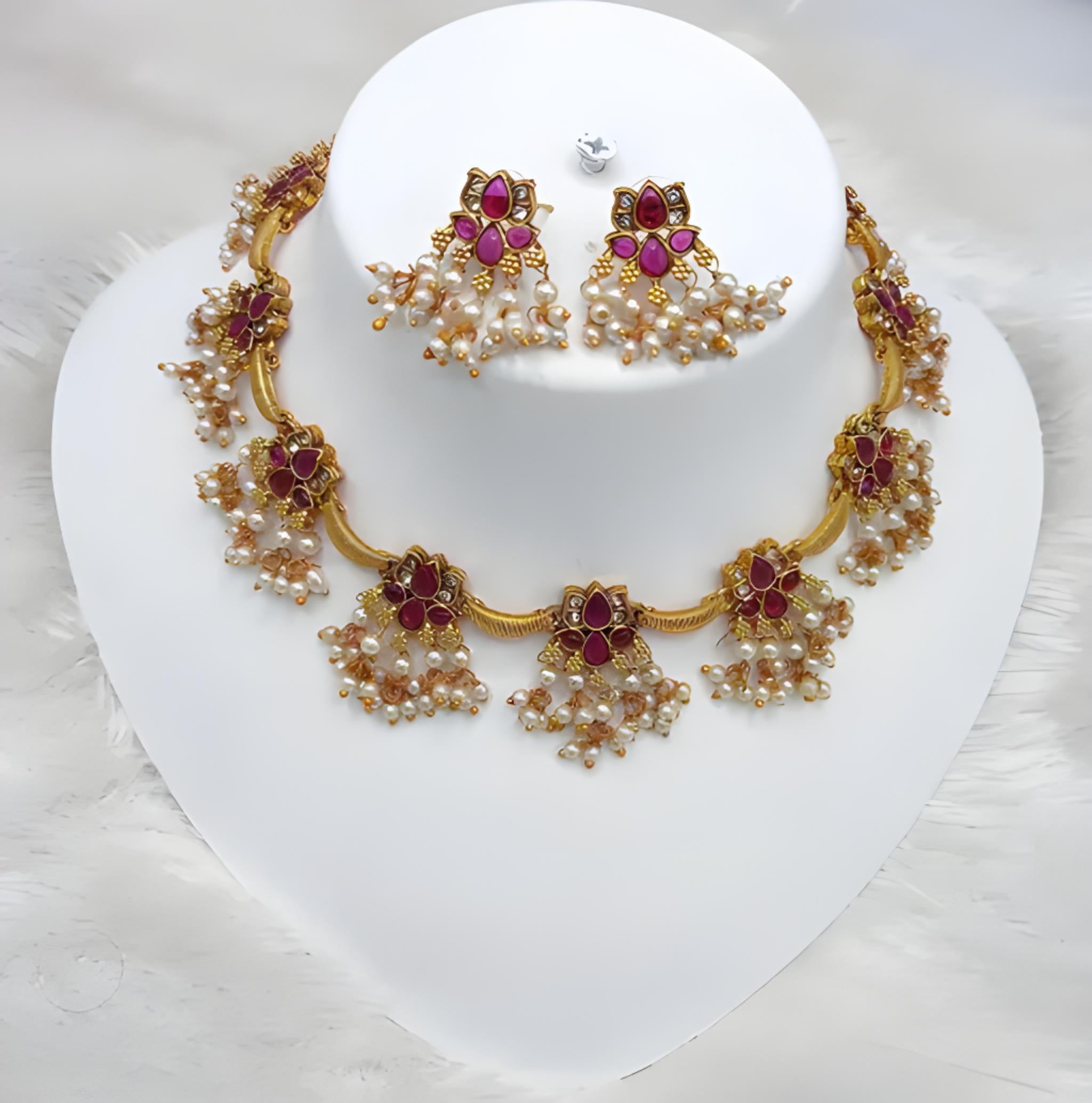 Delicate Pearl and Red Necklace Set - Antique Gold Floral Design, Matching Earrings - Lightweight South Indian Style Party Wear Collection, Traditional Indian Wedding Jewelry (Set of 2)