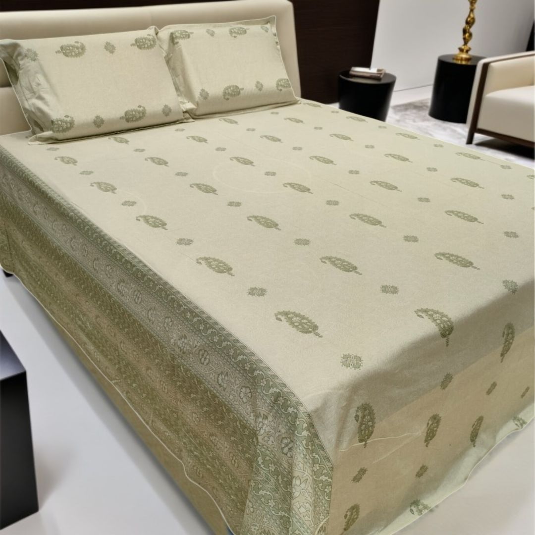 Handblock Boota Print, 250 TC 100% Cotton Flat King Size Bedsheet (108 x 108inches) (275 x 275cm) with 2 Large Pillow Covers, Green