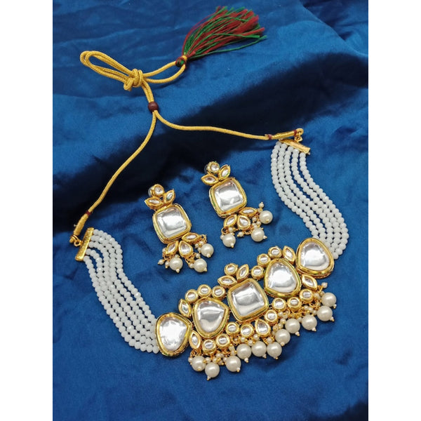 Kundan Pearl Choker Necklace Set - Traditional Gold Plated Multi-Strand Pearl Jewelry, Earrings, Traditional Indian Wedding Jewelry (Set of 2)