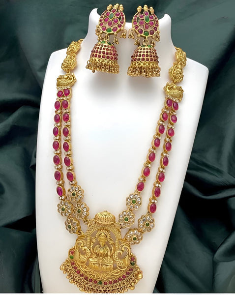 Traditional Lakshmi Temple Necklace Set, Earrings Gold-Plated Ethnic Jewelry Handcrafted for Weddings & Festivals, Traditional Indian Wedding Jewelry (Set of 2)