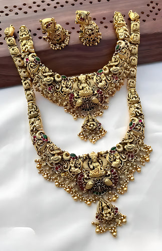 Exquisite Gold-Plated Temple Jewelry Set, Necklace, Choker and Earrings, Traditional Indian Wedding Jewelry (Set of 2)