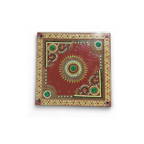 Handcrafted Wooden Puja Chowki with Glass Top | Traditional Wooden Puja Stand with Hand-Painted Design & Gemstone Accents for Festivals & Home - 12x12 Inches