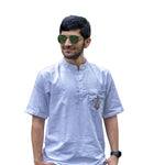 Embroidered Floral Kurta, Short Sleeve Kurta, Traditional Men's Shirt, Comfortable Cotton Linen Blend Shirt, Shirt for Traditional Wear (Size 40, Brown & White)