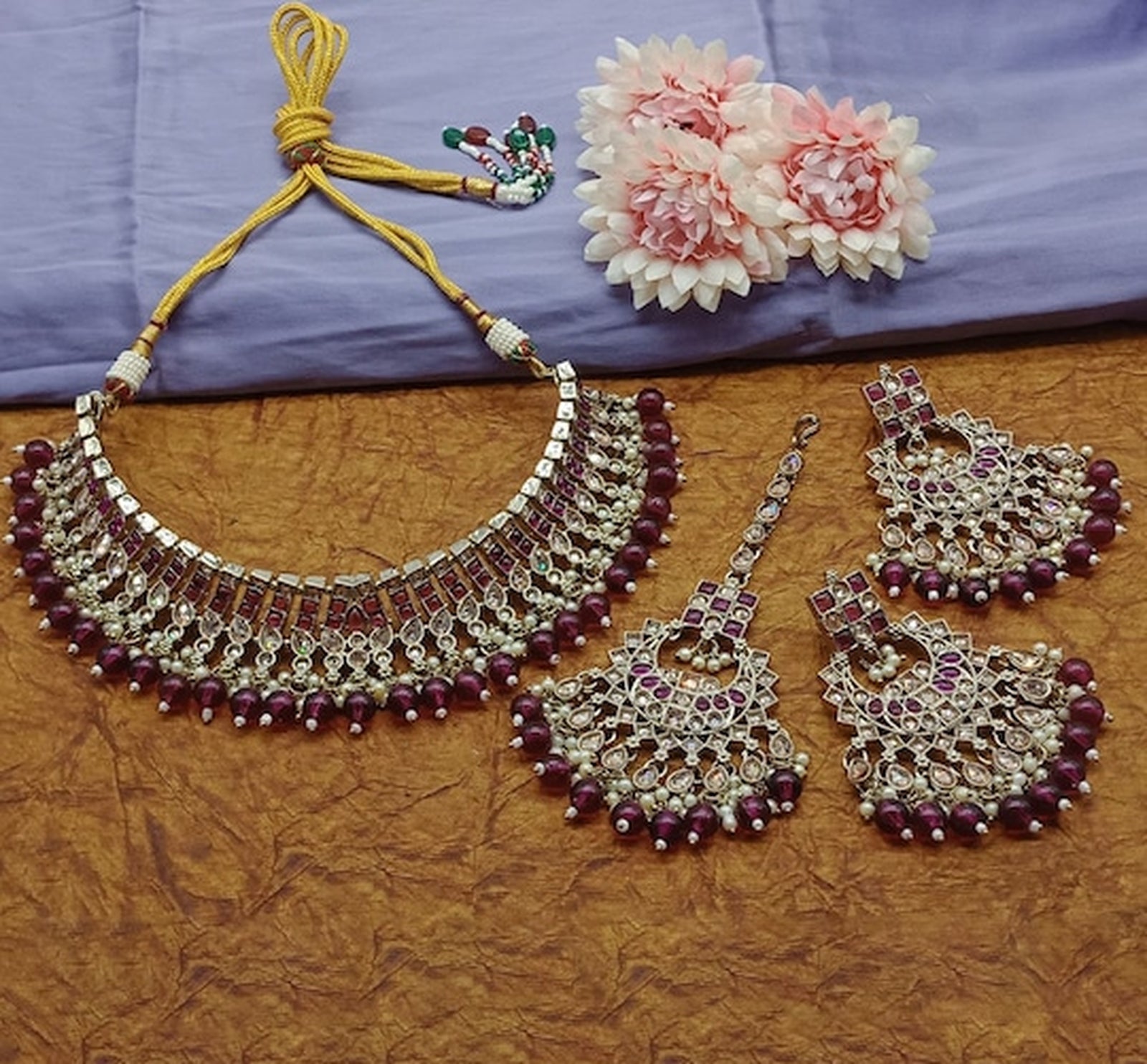 Exquisite Pearl-Adorned Indian Choker Necklace and Earrings Set, Traditional Indian, Wedding Jewelry,(Set of 2)