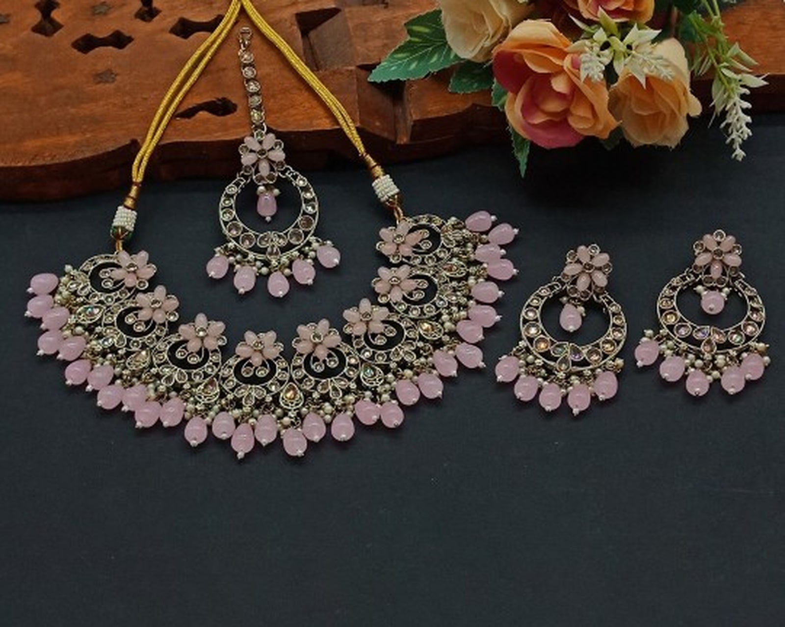 Elegant Pink and Gold Indian Jewelry Set - Necklace, Earrings, and Maang Tikka, Traditional Indian Wedding Jewelry (Set of 2)