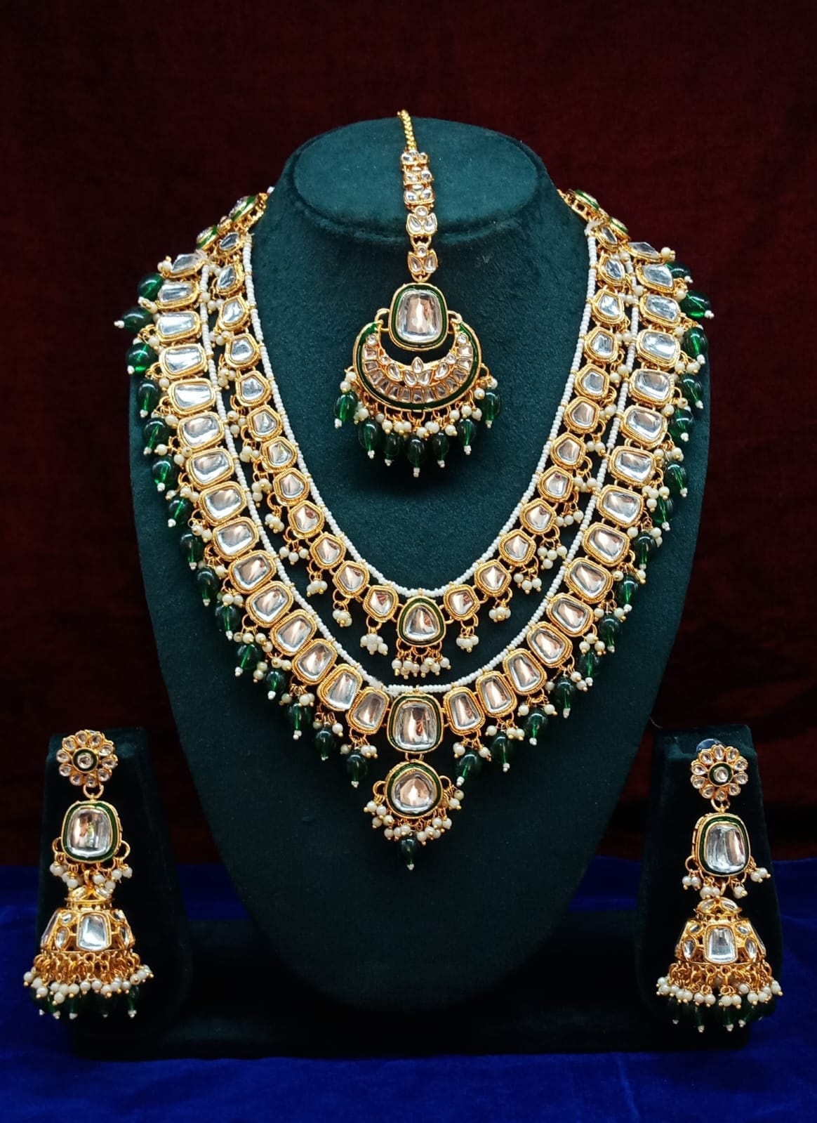 Opulent Kundan Bridal Jewelry Set, Double-Layer Necklace, Maang Tikka, and Jhumka Earrings, Indian Wedding Jewelry (Set of 2)