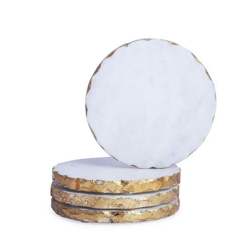 White Marble Round Coasters with Golden Edges - Elegant Anti-Skid Heat-Resistant Home Accessories, Protect surfaces, Ideal for Serving drinks, Coffee or Tea,(10x10 cm) Set of 4