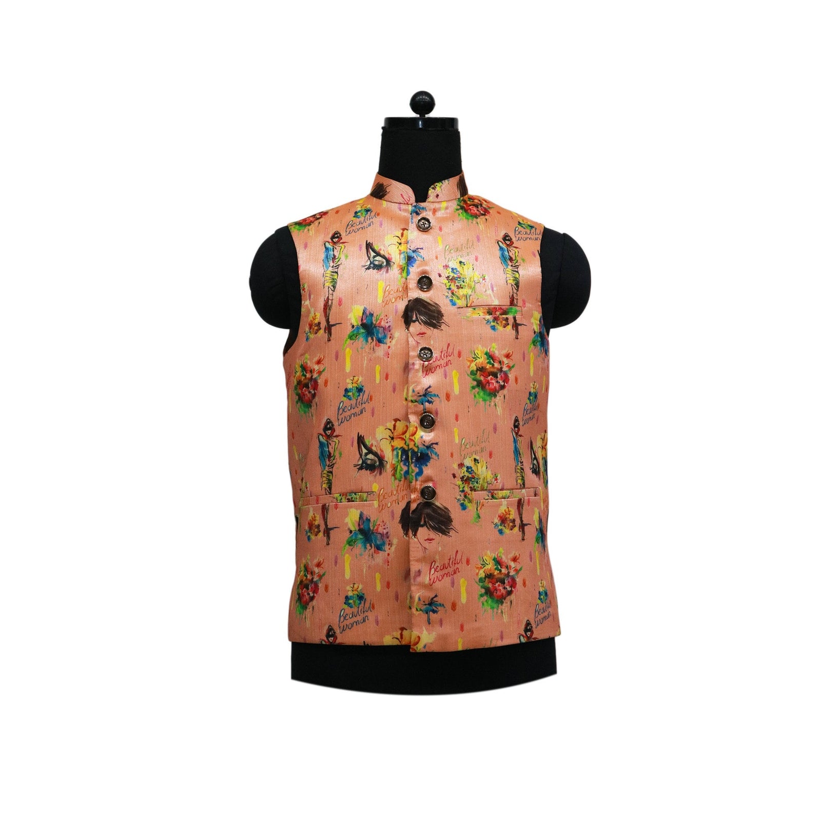 Handmade vintage floral Nehru jacket in peach, perfect for parties, ethnic events, and gifts.