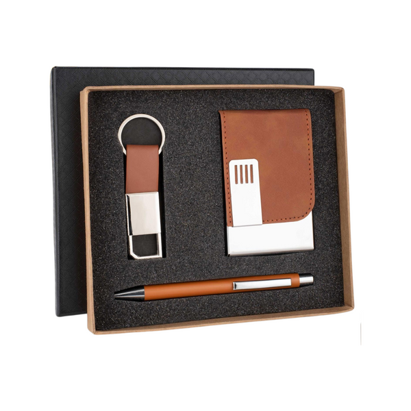 Nova Premium Corporate Gift Set with Metal Pen, Card Holder & Keychain | 3-in-1Custom Business Gift Set with Brown PU Leather