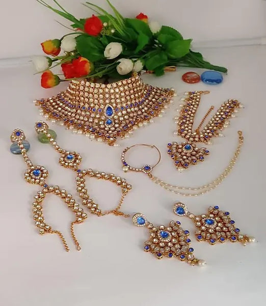 Royal Blue Kundan Bridal Jewelry Set, Pearl Drops - Complete Wedding Collection, Choker, Earrings, Mathapatti & Hand Chain, Traditional Indian Wedding Jewelry (Set of 2)