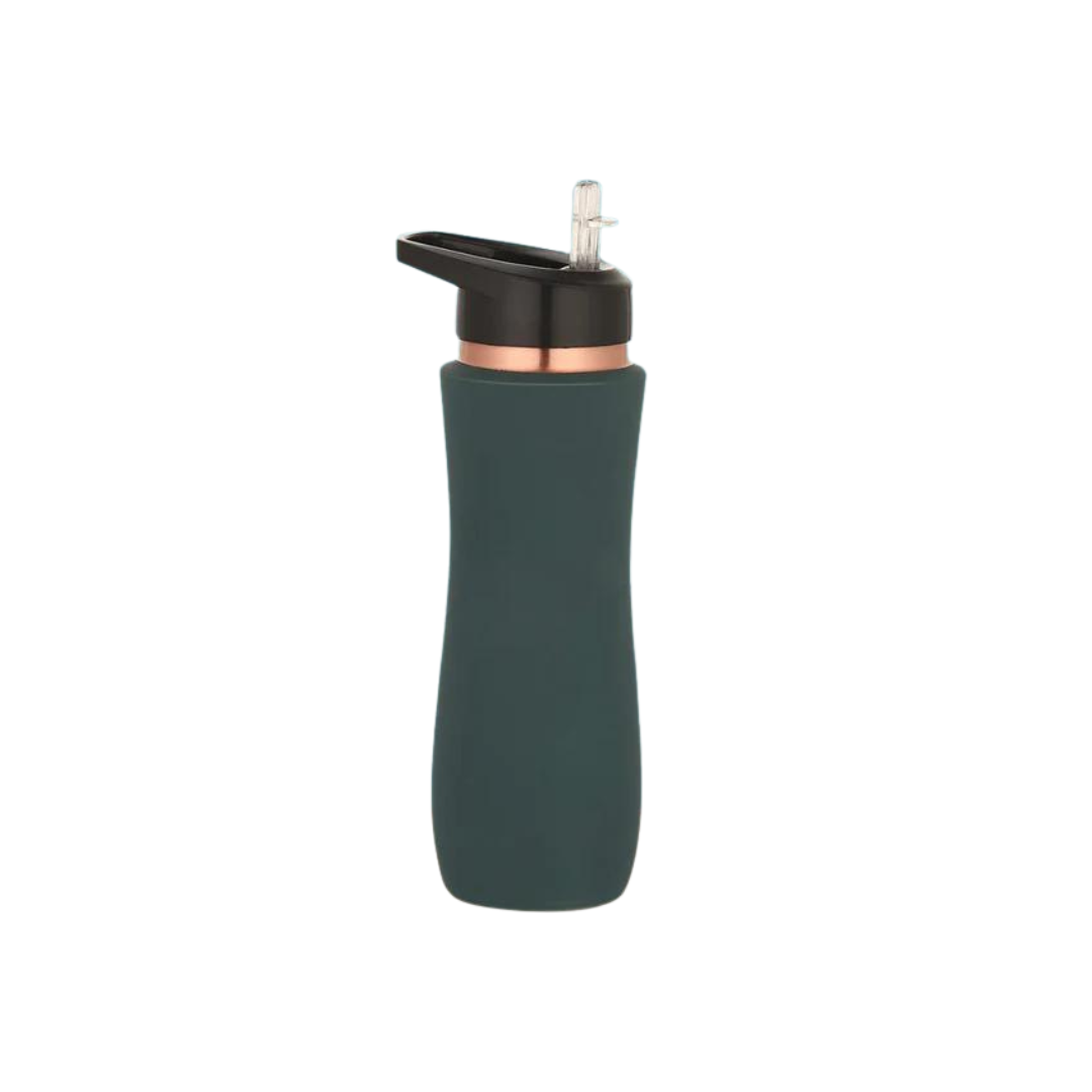 Sports green copper bottle with a copper rim, black lid, and pop-top spout for easy hydration.