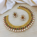 Elegant Gold-Plated Pearl Necklace Set, Ruby and Emerald Accents - Traditional Indian Jewelry, Traditional Indian Wedding Jewelry (Set of 2)