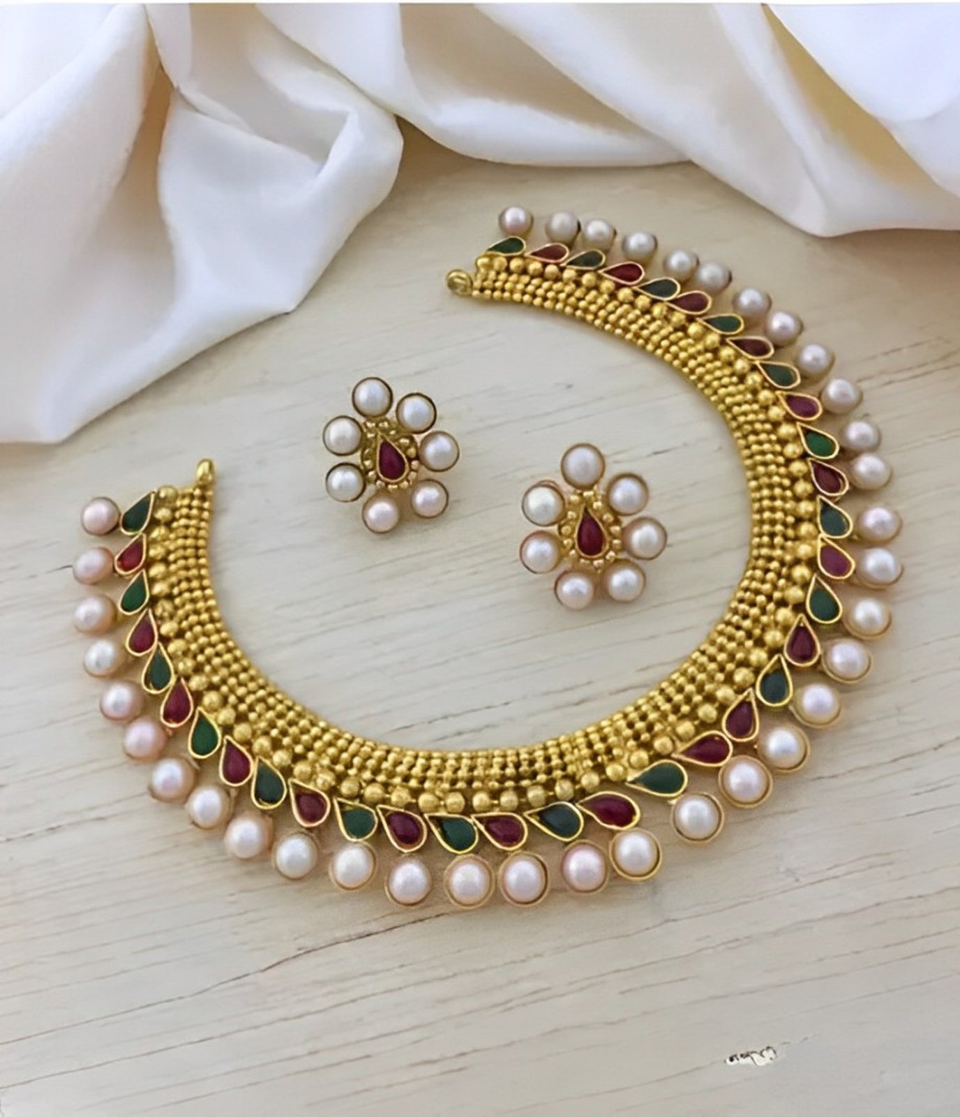 Elegant Gold-Plated Pearl Necklace Set, Ruby and Emerald Accents - Traditional Indian Jewelry, Traditional Indian Wedding Jewelry (Set of 2)