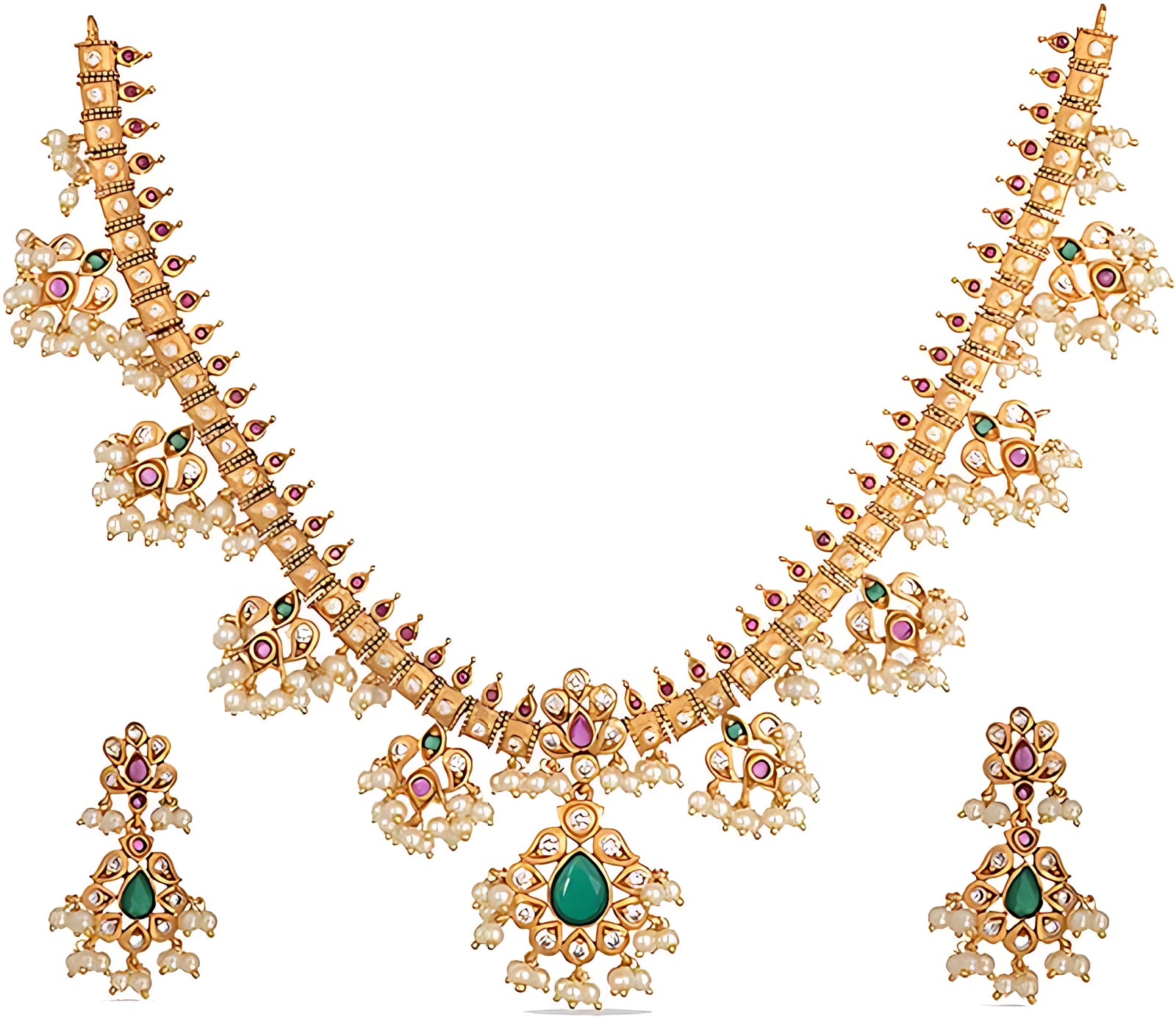 Exquisite South Indian-Style Gold-Plated Necklace and Earrings Set, Pearl and Gemstone Accents, Traditional Indian Wedding Jewelry (Set of 2)