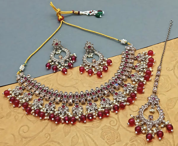 Regal Red Kundan Bridal Set, Crystal and Pearl Accents - Luxurious Indian Wedding Jewelry, Traditional Indian Wedding Jewelry (Set of 2)