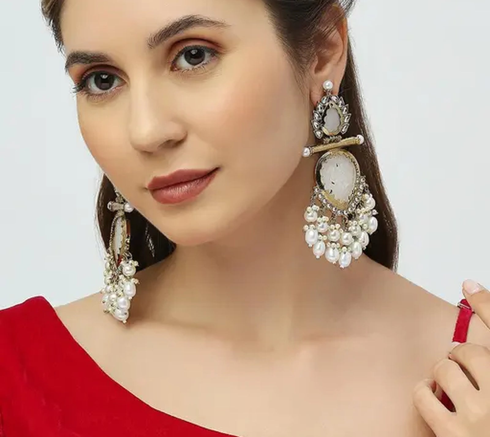 Elegant Pearl and Crystal Chandelier Earrings - Luxurious Statement Jewelry, , Traditional Indian Wedding Jewelry (Set of 1)