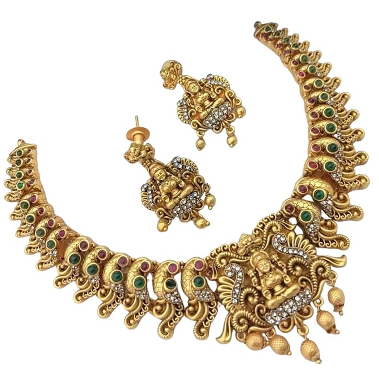 Ornate Gold-Plated Laxmi Temple Jewelry Set - Antique-Finish Necklace and Earrings, Traditional Indian Wedding Jewelry (Set of 2)