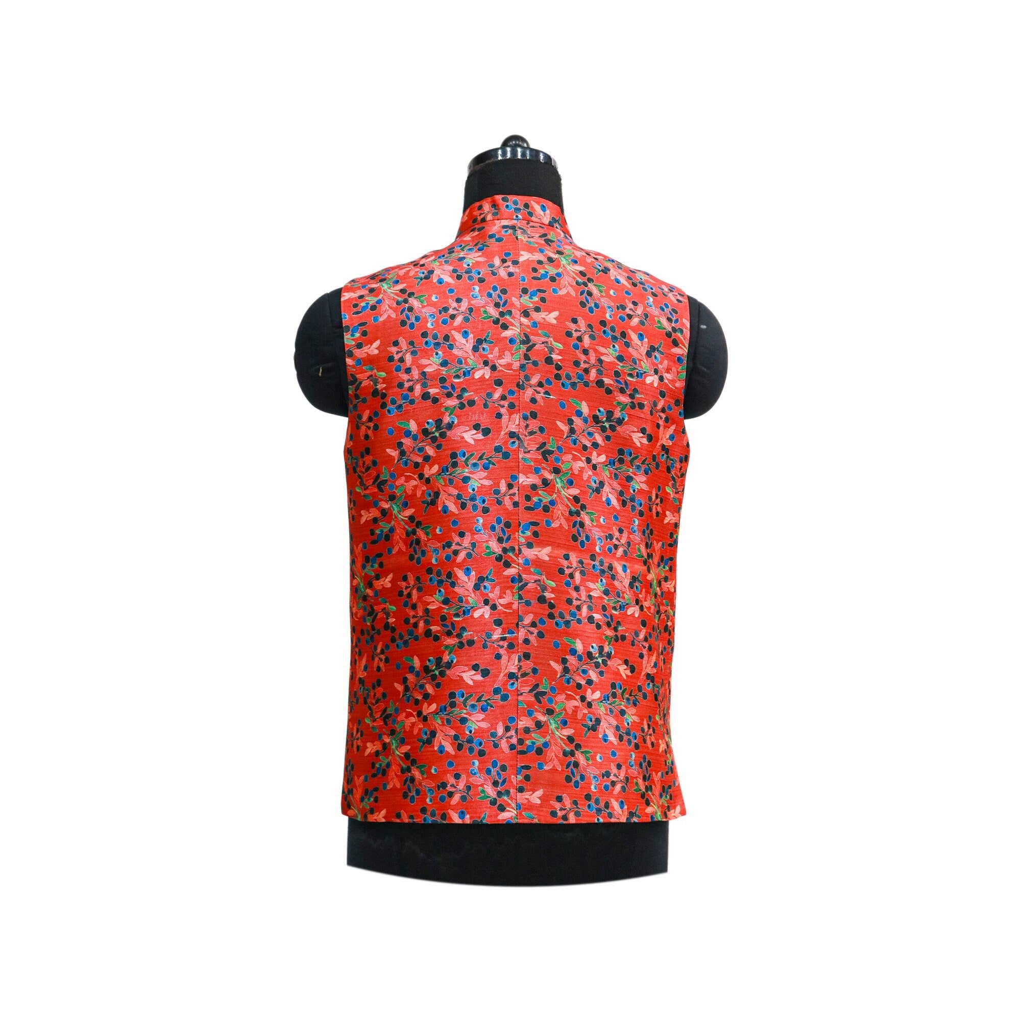 Red floral Nehru jacket with mandarin collar, shown on a mannequin. Perfect for ethnic parties or as a gift.