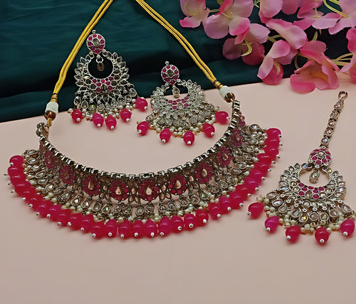 Luxurious Rani Kundan Choker Necklace Set, Earrings and Maang Tikka, Traditional Indian Wedding Jewelry (Set of 2)