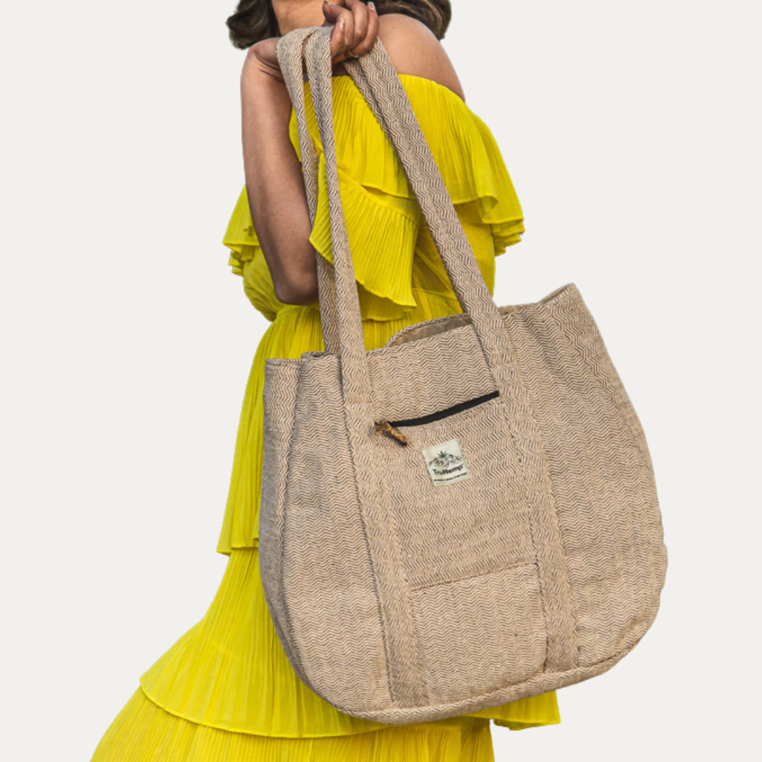 Stylish Himalayan hemp tote bag for women, featuring a spacious design, secure zippered pocket, and durable construction. Perfect for everyday use.