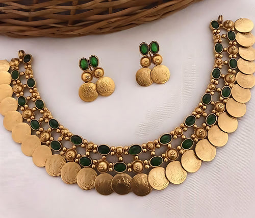 Gold-Tone Coin Necklace Set, Emerald and Ruby Gemstones, Traditional Indian Wedding Jewelry, Bridal Collections (Set of 2)