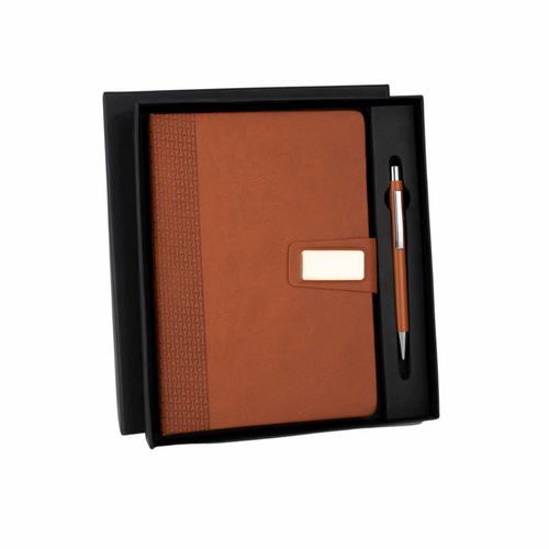 Classy Corporate Gift Set with A5 Journal Notebook & Premium Metal Pen | 2-in-1 Gift Set with Customizable Diary for Executives, Travelers & Special Occasions (Brown, 192 Pages)