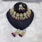 Elegant Kundan Pearl Necklace Set, Wine Drops and Matching Tikka, Traditional Indian Wedding Jewelry (Set of 2)