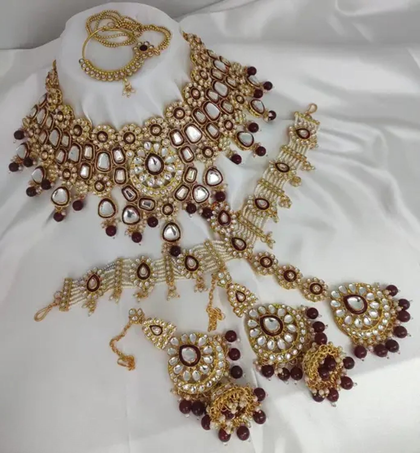 Kundan Polki Bridal Set, Maroon Beads - Traditional Gold-Plated Wedding Collection - Complete Set   Sheshphul, Traditional Indian Wedding Jewelry (Set of 2)