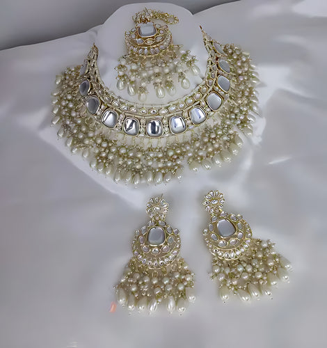 Luxurious Kundan Choker Set, Pearl and White Bead Accents - Traditional Indian Bridal Jewelry, Traditional Indian Wedding Jewelry (Set of 2)