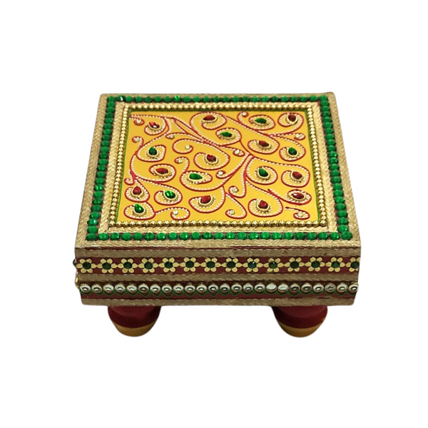 Hand-Painted Wooden Pooja Chowki with Peacock Feather Motifs | Lightweight Bajot with Bajot with Bead and Gemstone Detailing for Pooja Rooms -  6x6 Inches