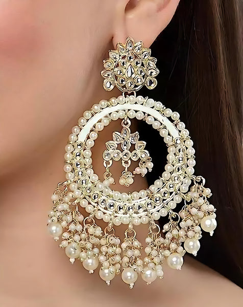 Pearl Chandelier Earrings, Traditional Indian Kundan Style Statement Jewelry for Wedding & Festive Wear, Traditional Indian Wedding Jewelry (Set of 1)