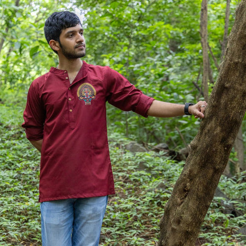 Padayani Loop Sleeve Short Maroon Kurta, Traditional Kerala Shirt, Comfortable Cotton Shirt for Men, Shirt for Festive Wear (Size 40, Maroon)