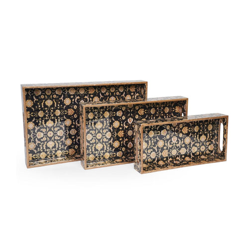 Decorative Nesting Trays with Handles, Wooden Tray for Coffee Table, Multicolor decorative trays, Rectangular floral design, Serving trays for snacks (Black & Gold - Set of 3)