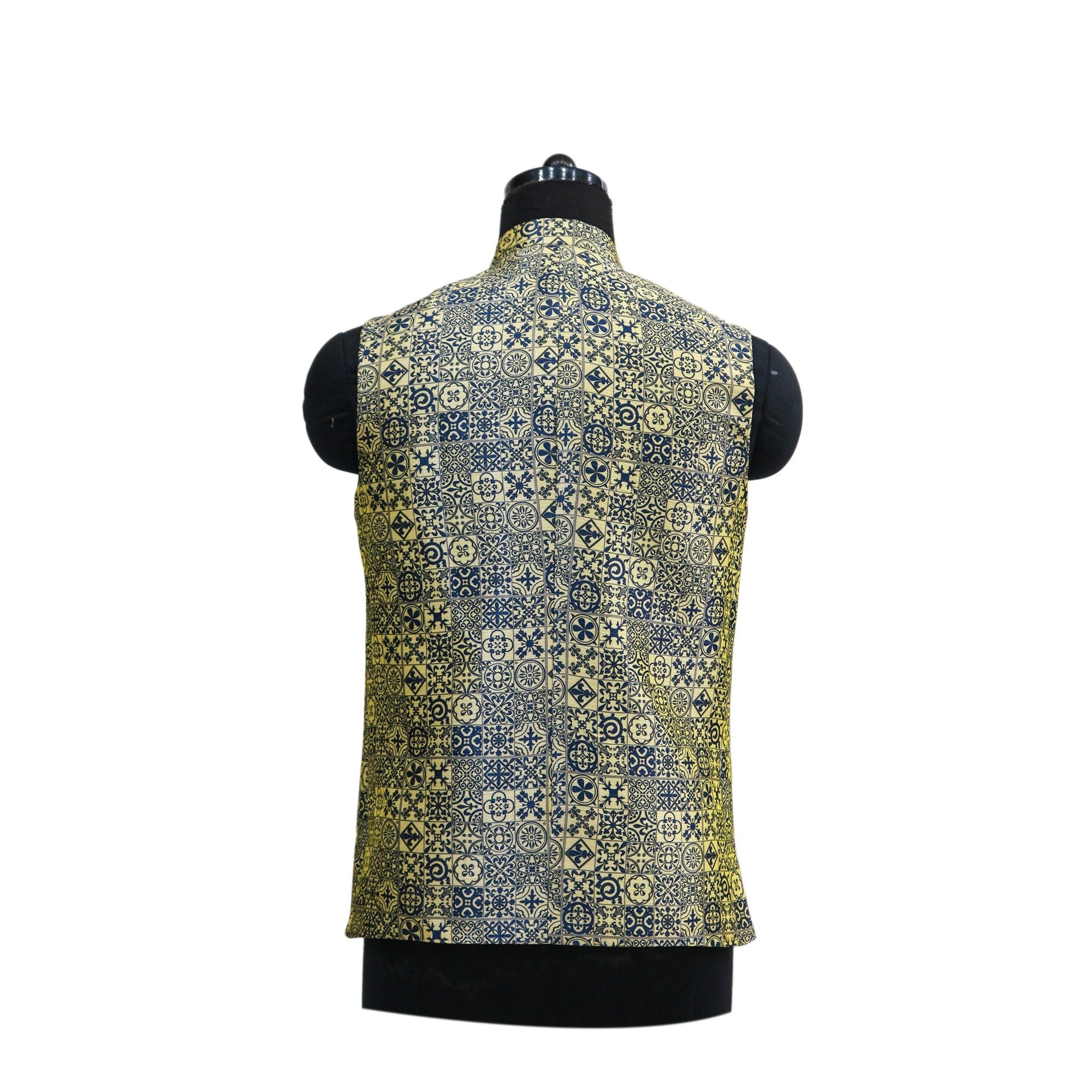 Handmade yellow and navy geometric Nehru jacket, an elegant choice for parties or themed events.