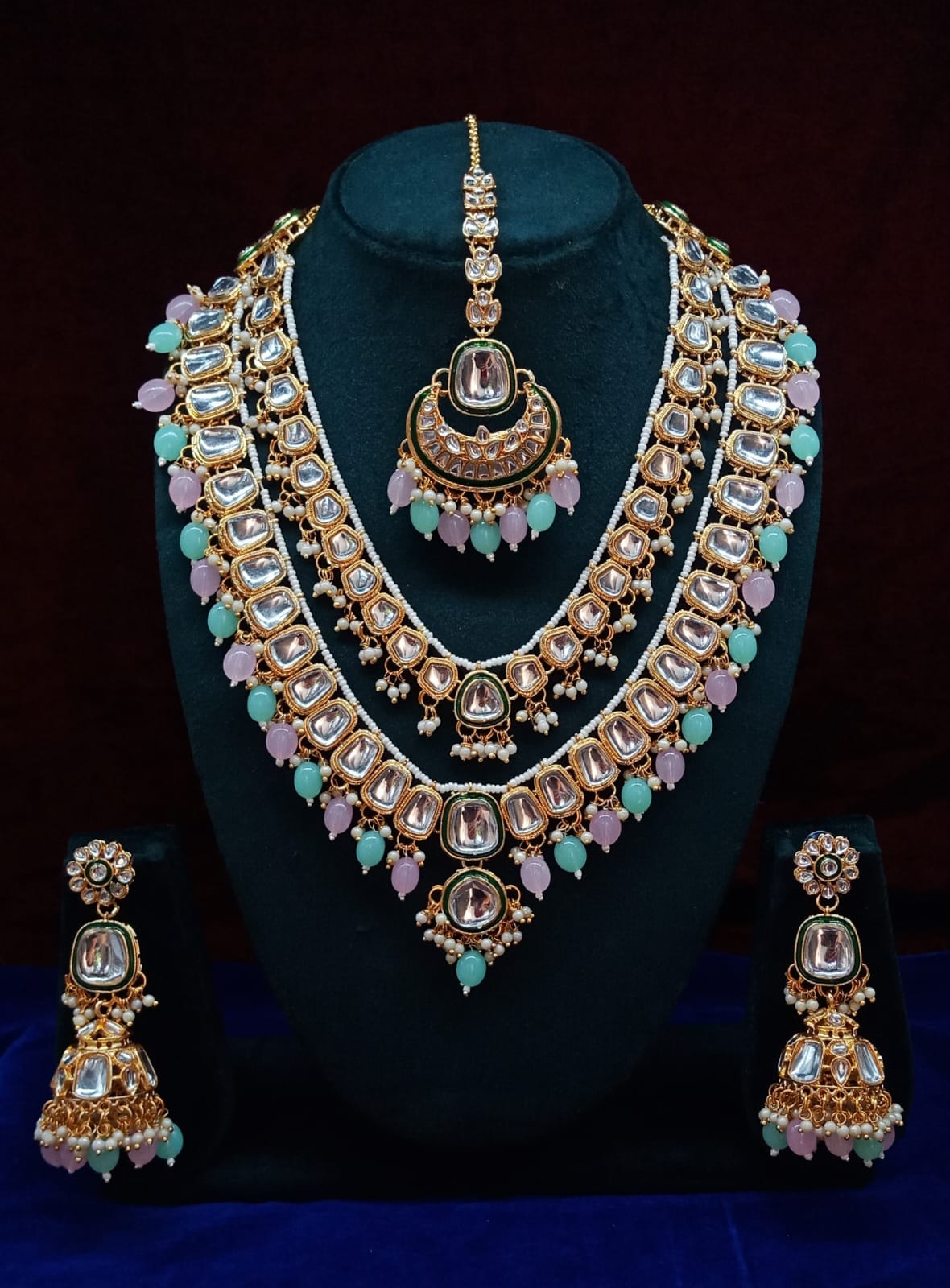 Opulent Kundan Bridal Jewelry Set, Double-Layer Necklace, Maang Tikka, and Jhumka Earrings, Traditional Wedding Jewelry (Set of 2)