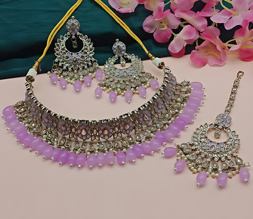 Luxurious Purple Kundan Choker Necklace Set, Earrings and Maang Tikka, Traditional Indian Wedding Jewelry (Set of 2)