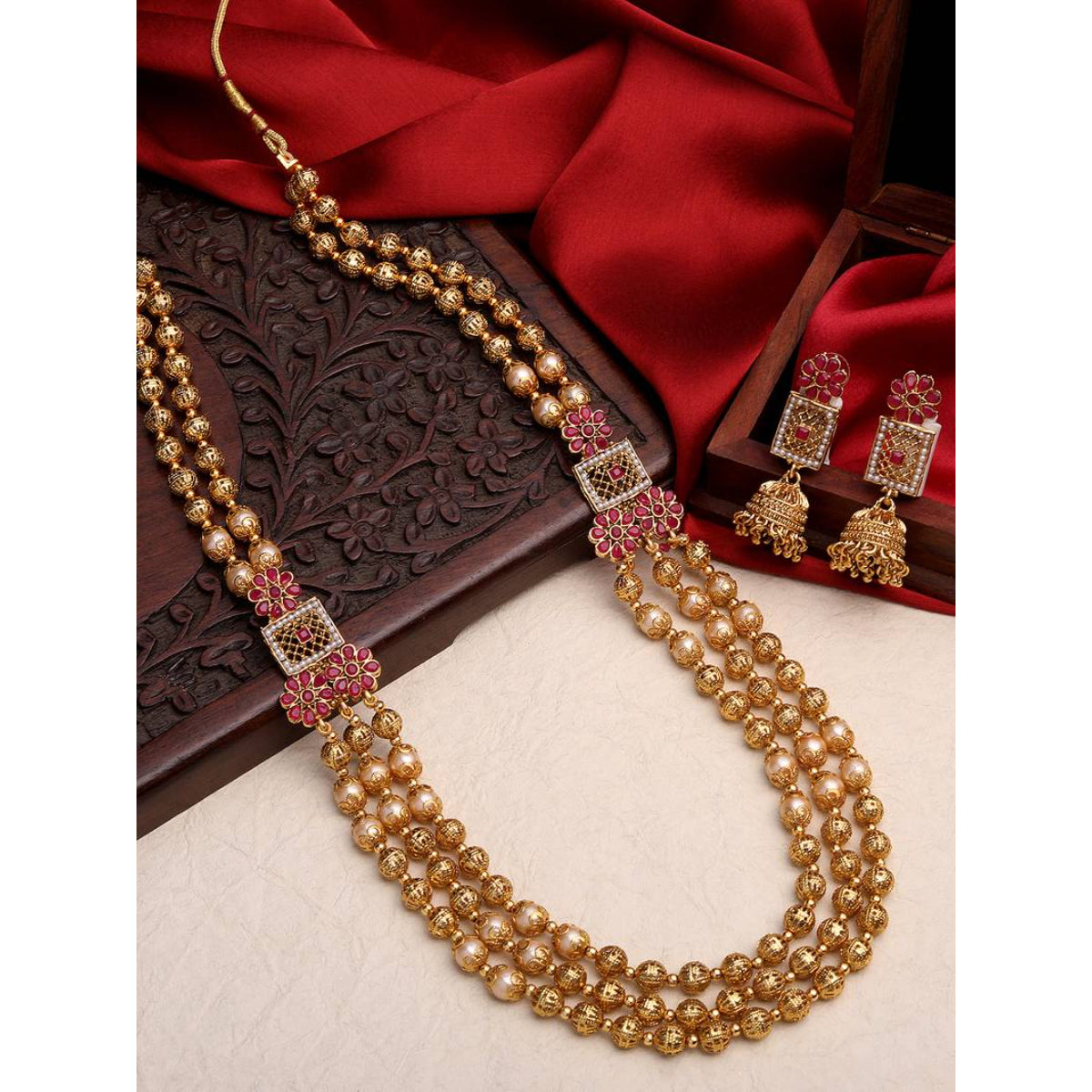 Antique Gold Ruby Floral Long Necklace Set, Traditional Jhumka Earrings | South Indian Temple Jewelry, Traditional Indian Wedding Jewelry (Set of 2)