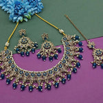 Elegant Blue and Gold Indian Bridal Jewelry Set, Kundan and Beads, Traditional Indian Wedding Jewelry (Set of 2)