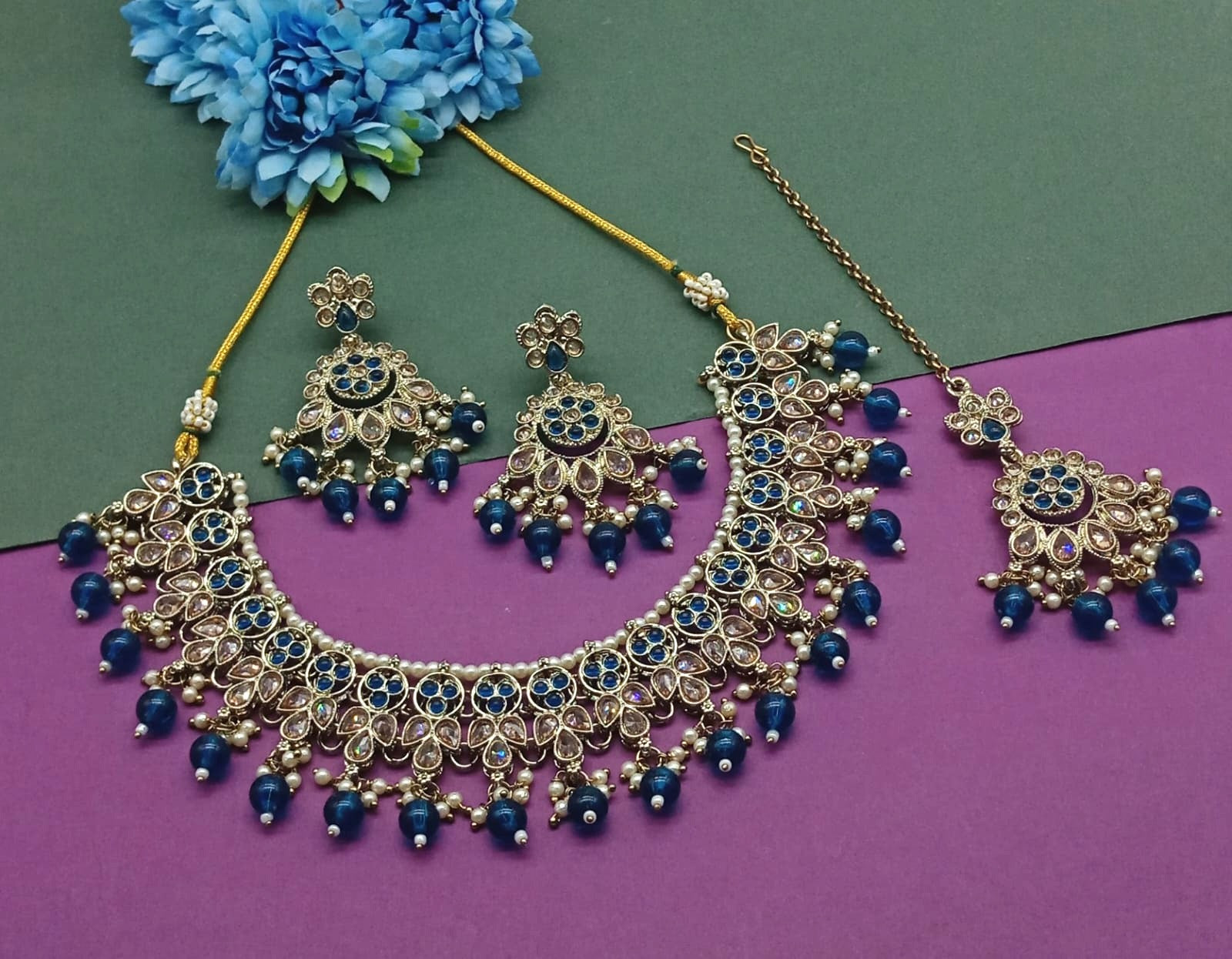 Elegant Blue and Gold Indian Bridal Jewelry Set, Kundan and Beads, Traditional Indian Wedding Jewelry (Set of 2)