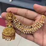 Temple Lakshmi Design Jhumka, Pearl Ear Chain - Antique Gold South Indian Traditional Earring, Traditional Indian Wedding Jewelry (Set of 1)