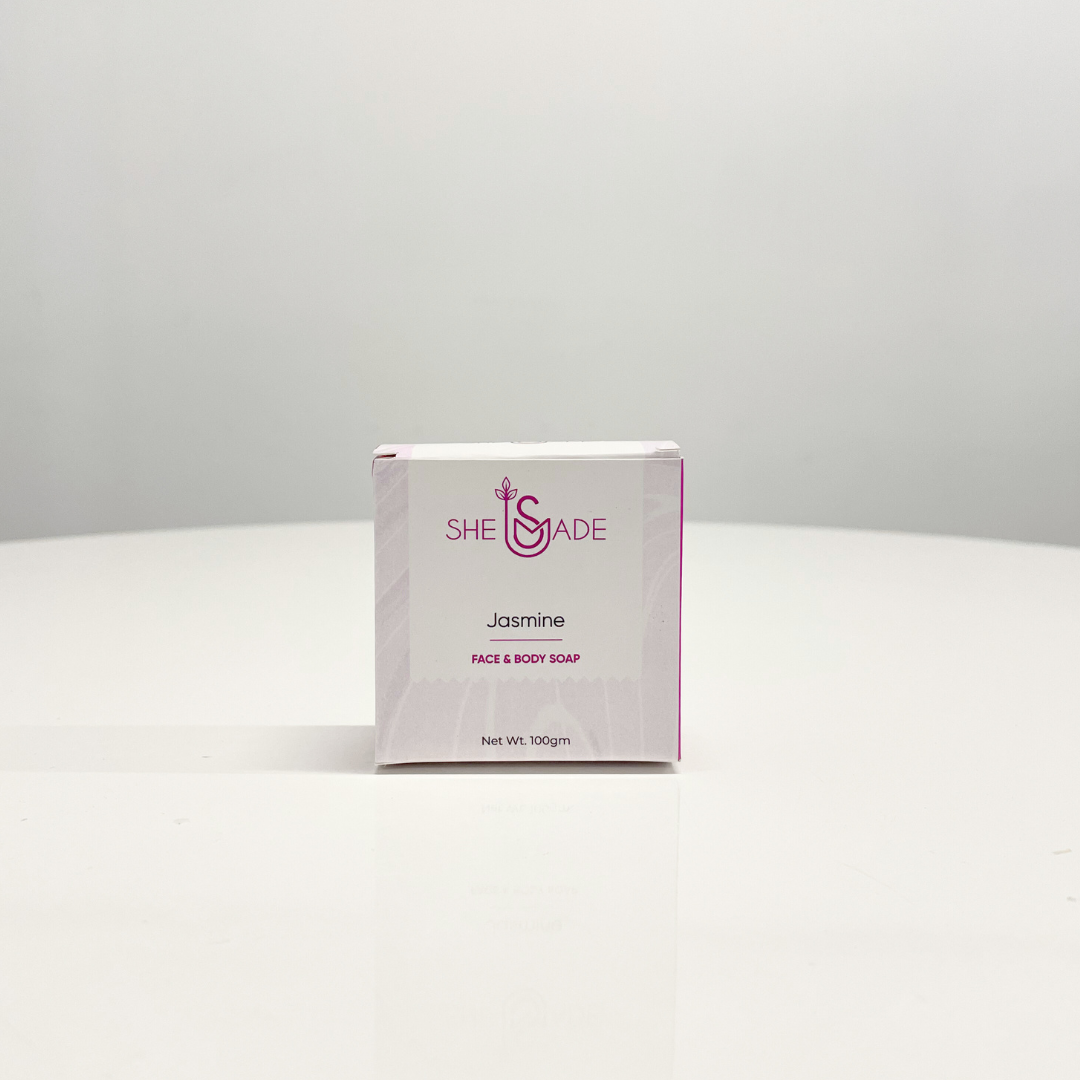 A box of SheSmade Jasmine Face & Body Soap on a white background.