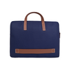 Navy blue laptop bag with brown faux leather handles and accent, fits laptops up to 15.6".